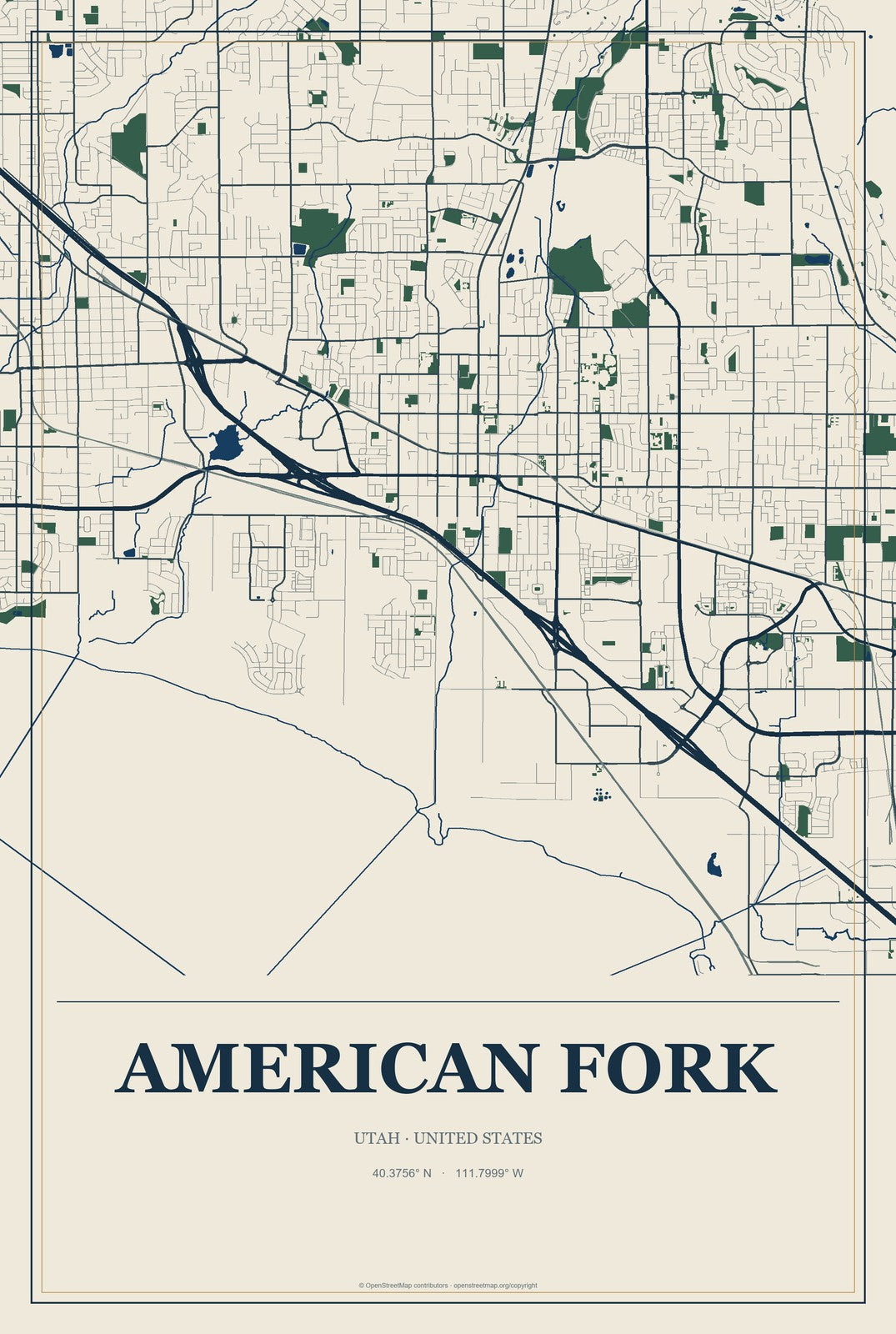 American Fork, Utah City Map Aluminum Sign in Coastal Cutout style