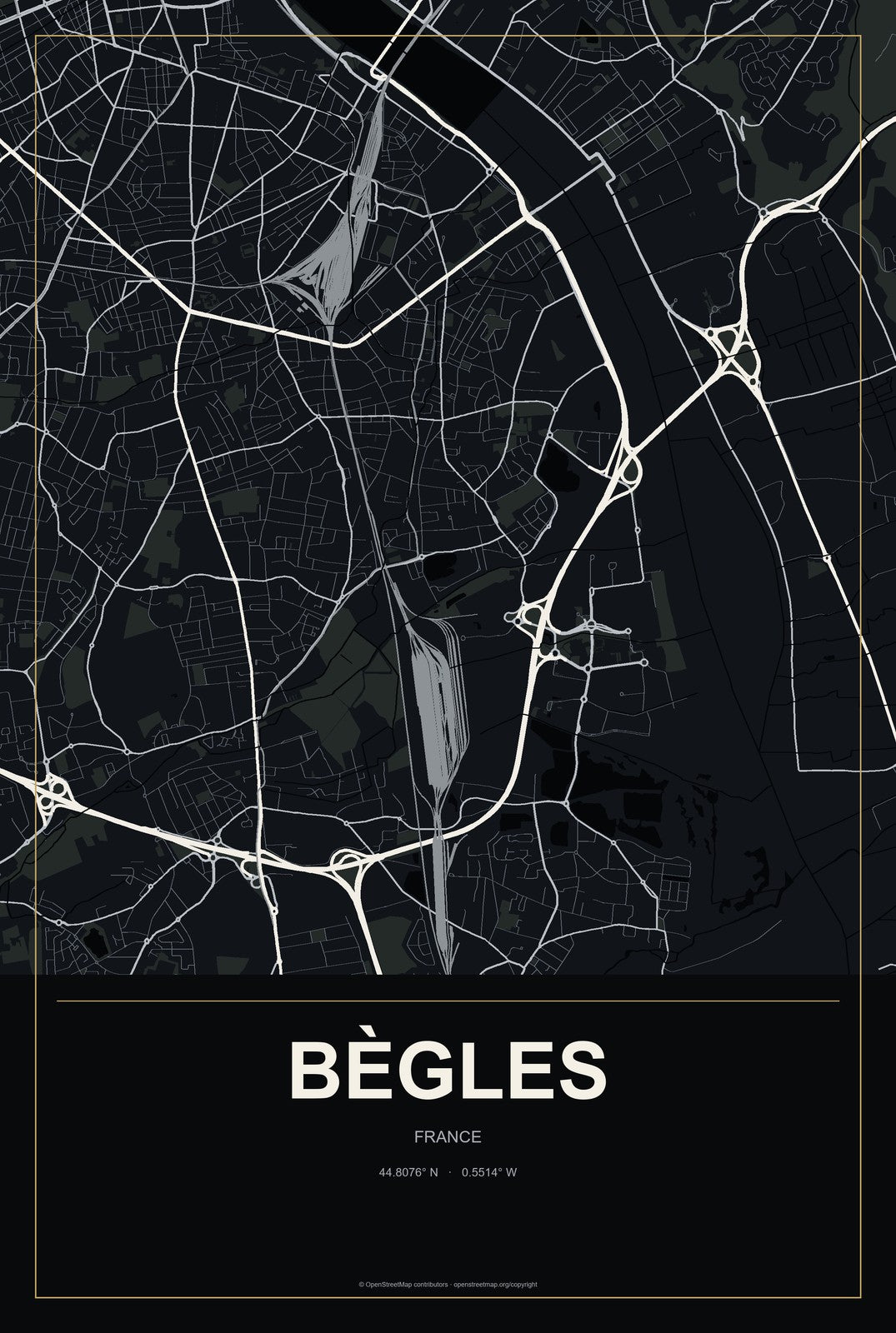 Bègles, France City Map Aluminum Sign in Metropolitan Noir style