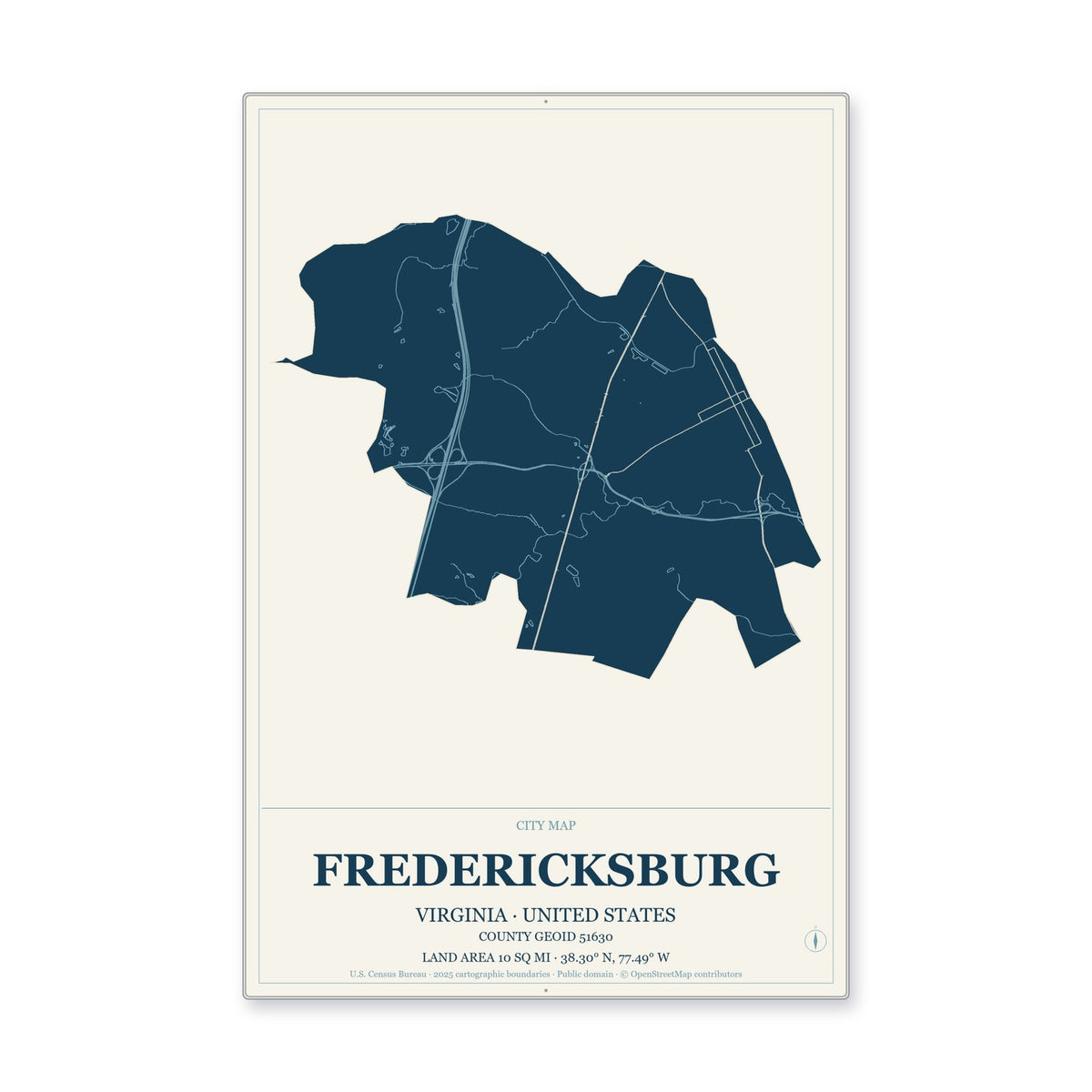 Fredericksburg city, Virginia Map Aluminum Sign in Coastal Cutout style