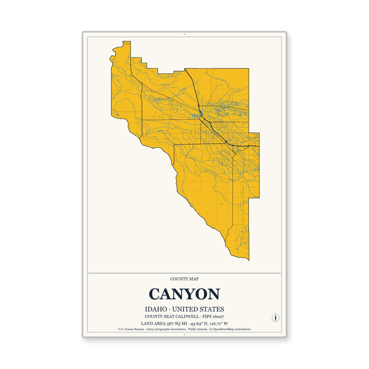 Canyon County, Idaho Map Aluminum Sign in Citrine Modern style