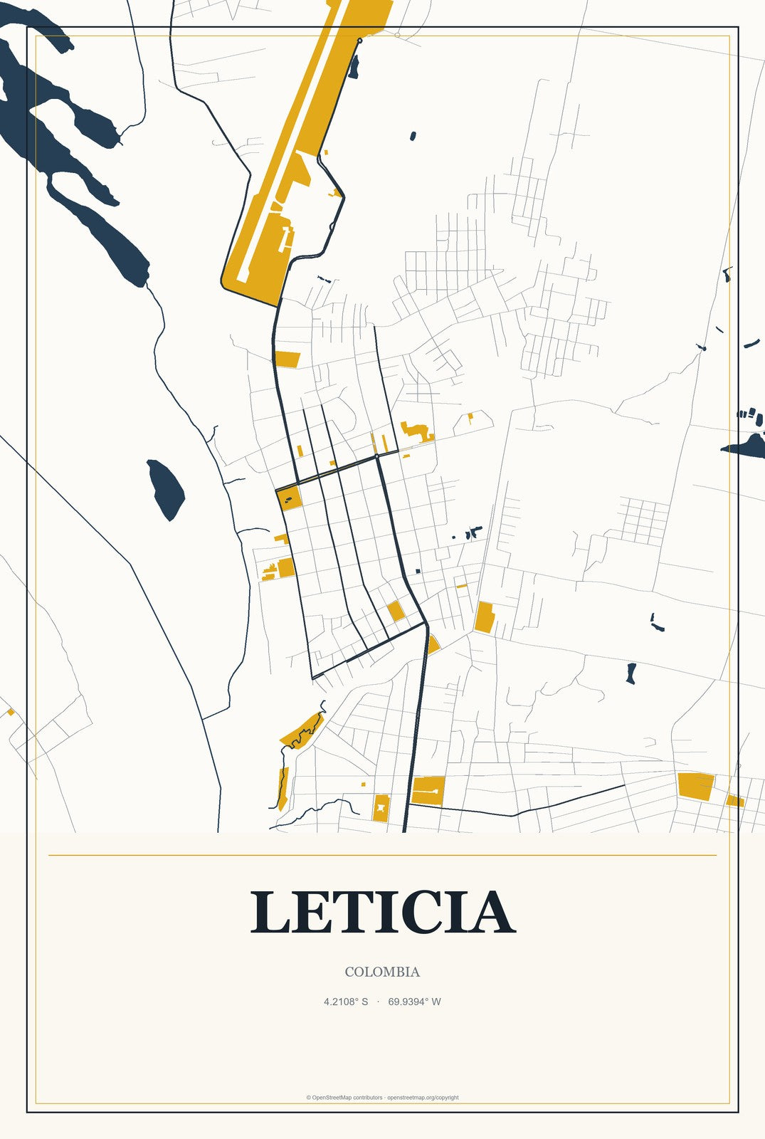 Leticia, Colombia City Map Aluminum Sign in Citrine Modern style