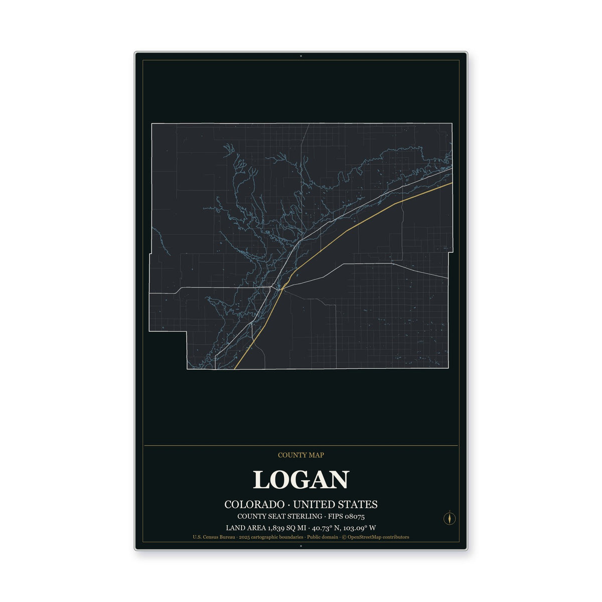 Logan County, Colorado Map Aluminum Sign in Metropolitan Noir style