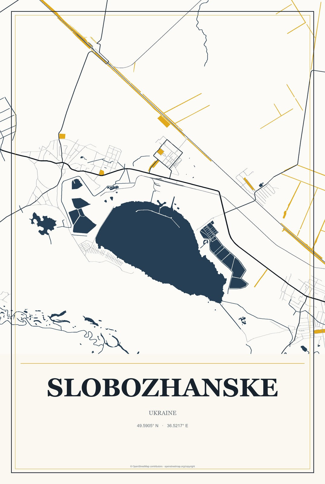 Slobozhanske, Dnipropetrovsk, Ukraine City Map Aluminum Sign in Citrine Modern style