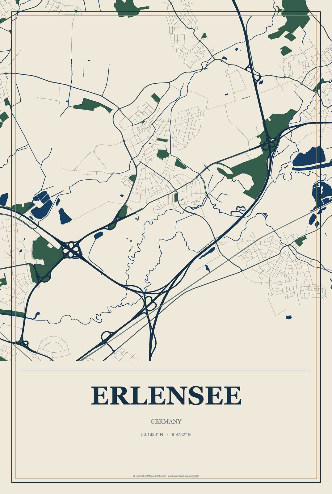 Erlensee, Germany City Map Aluminum Sign in Coastal Cutout style