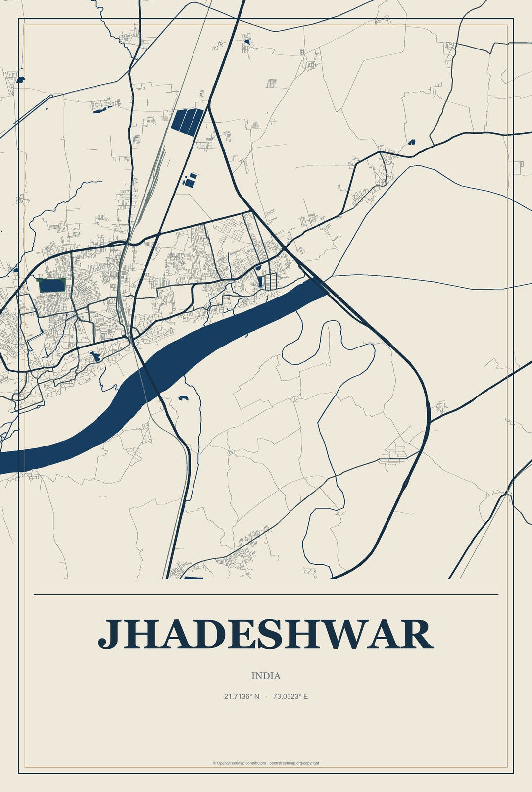 Jhadeshwar, India City Map Aluminum Sign in Coastal Cutout style