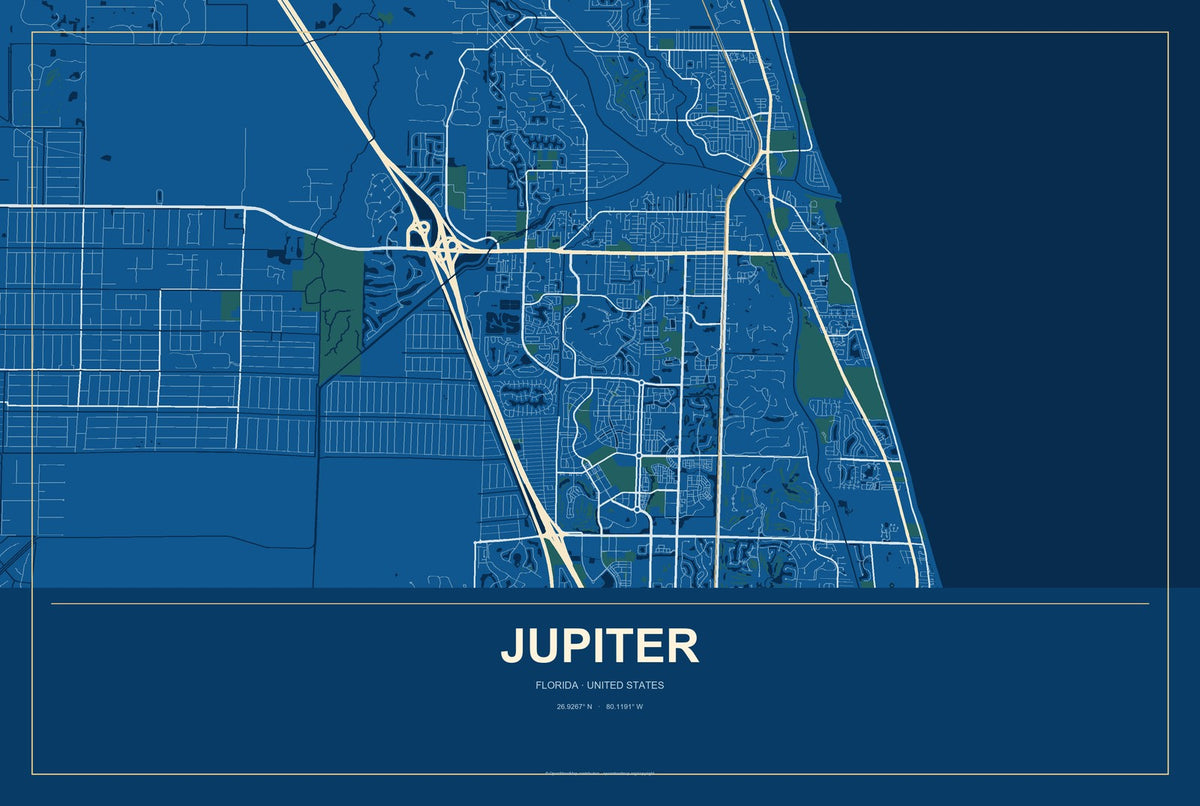 Jupiter, Florida City Map Aluminum Sign in Harbor Cobalt style
