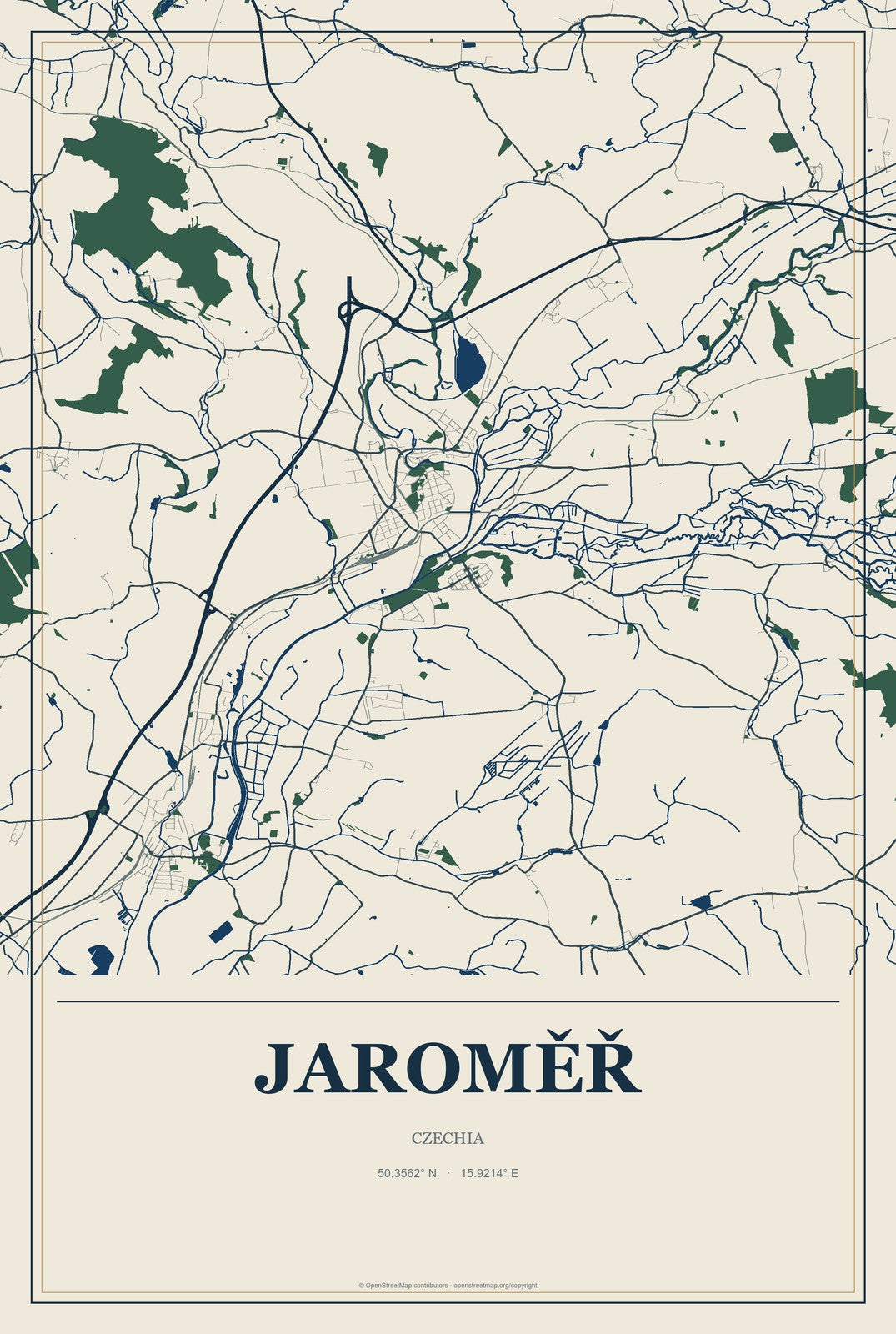 Jaroměř, Czechia City Map Aluminum Sign in Coastal Cutout style