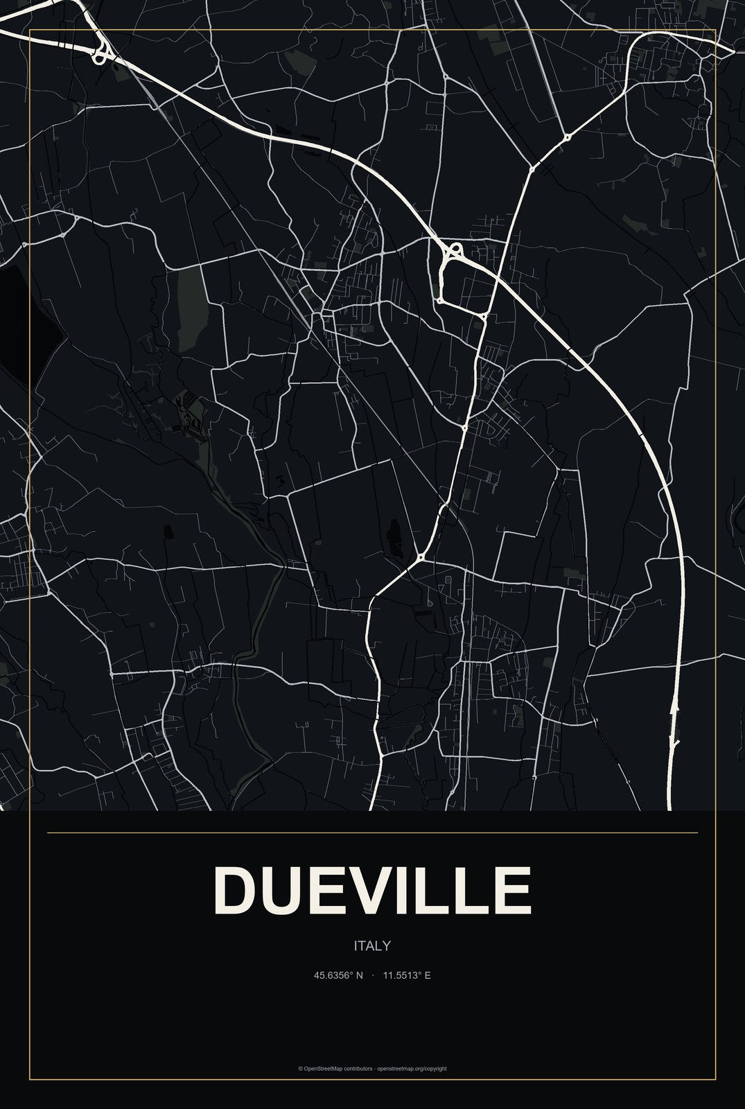 Dueville, Italy City Map Aluminum Sign in Metropolitan Noir style