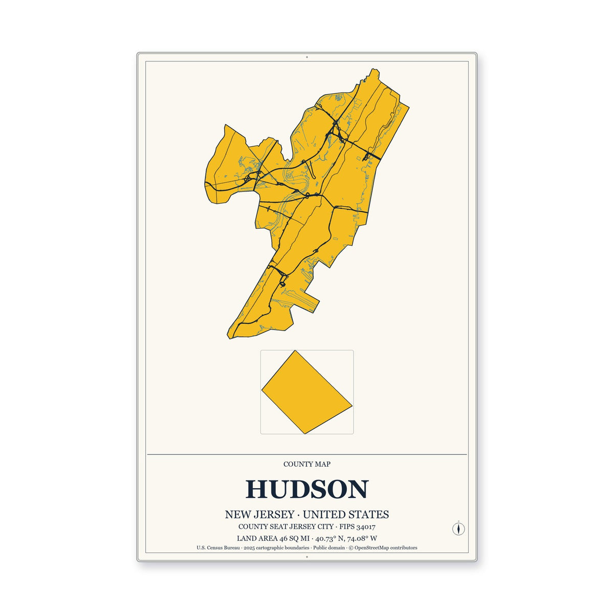 Hudson County, New Jersey Map Aluminum Sign in Citrine Modern style