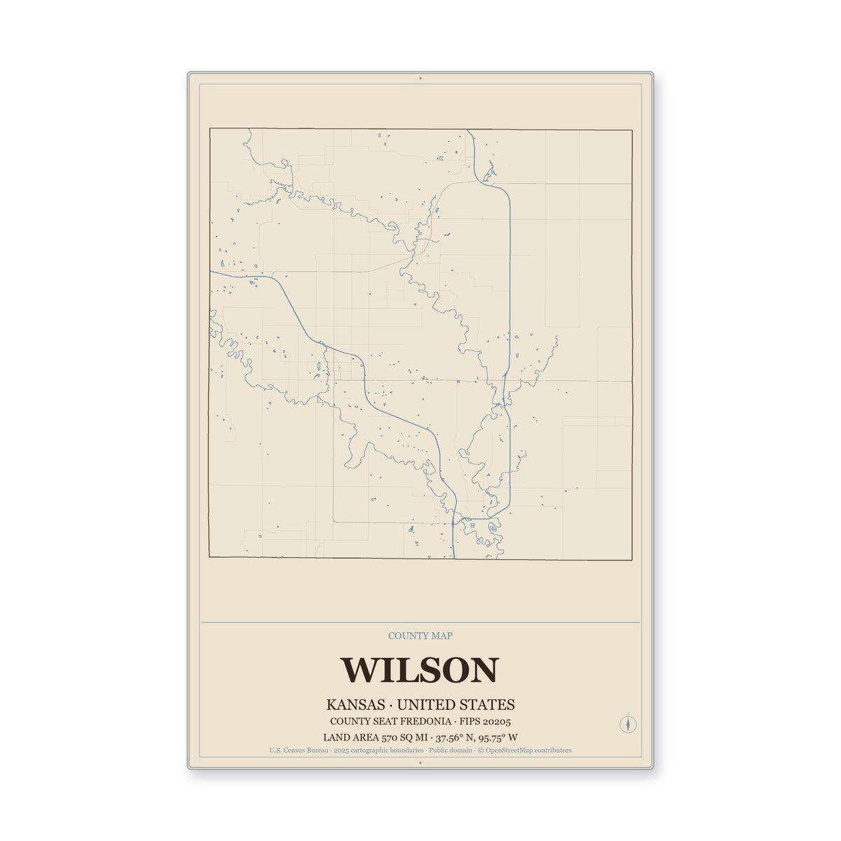 Wilson County, Kansas Map Aluminum Sign in Heritage Nautical style