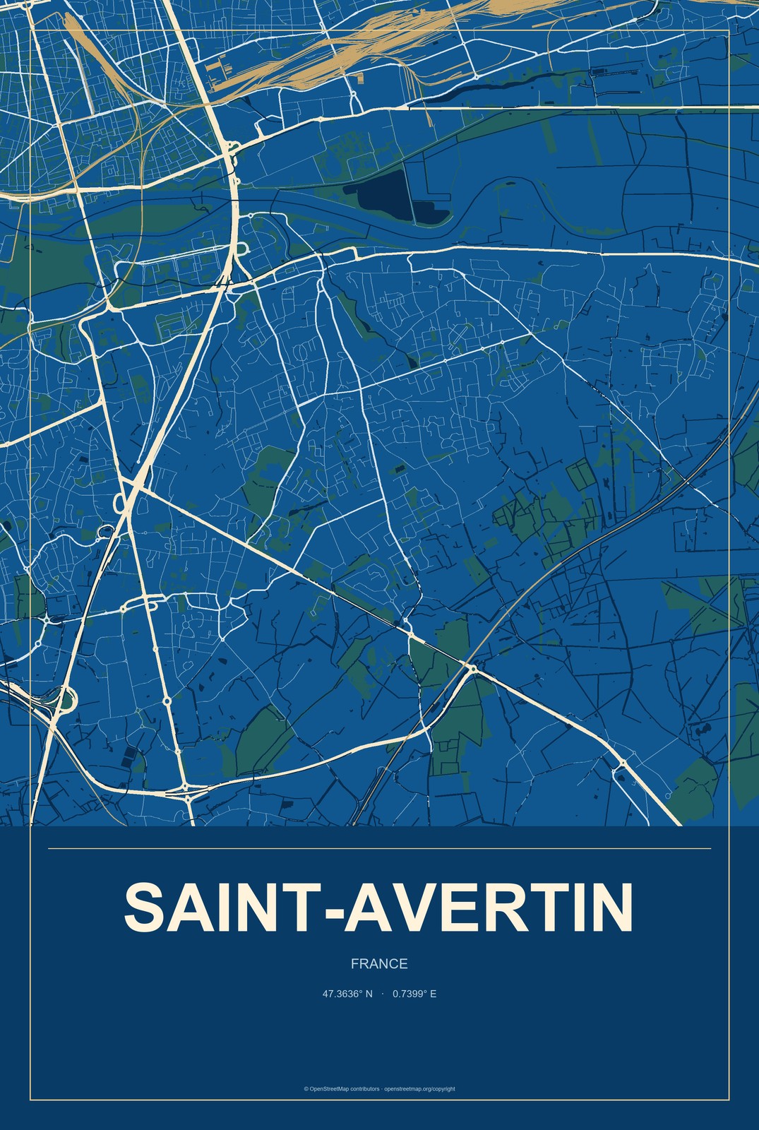 Saint-Avertin, France City Map Aluminum Sign in Harbor Cobalt style