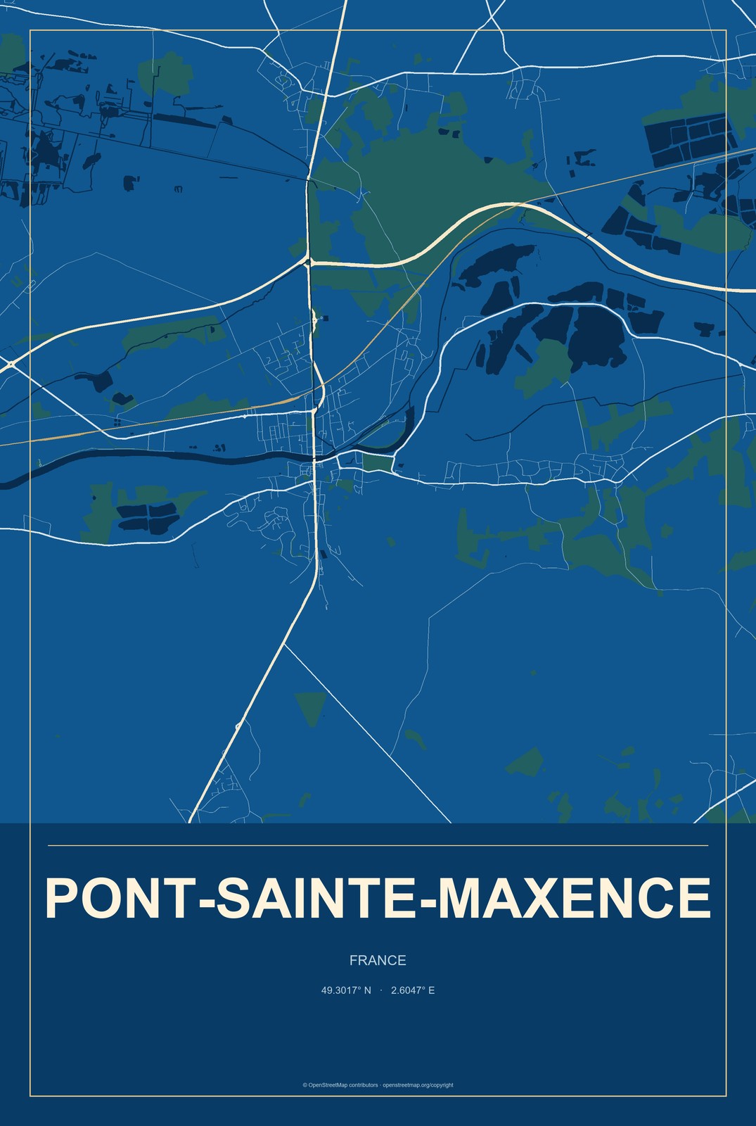 Pont-Sainte-Maxence, France City Map Aluminum Sign in Harbor Cobalt style