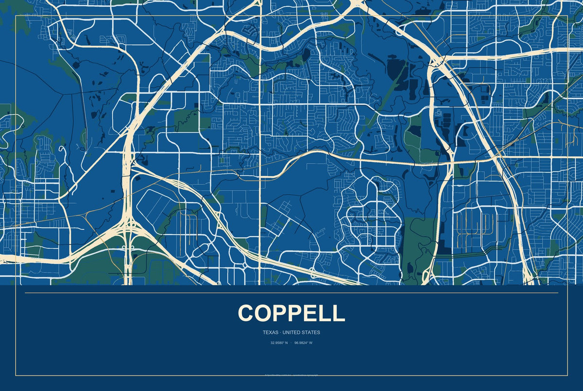 Coppell, Texas City Map Aluminum Sign in Harbor Cobalt style