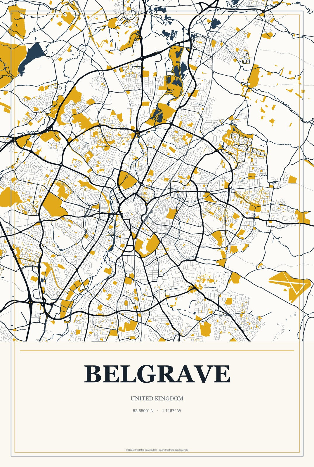 Belgrave, United Kingdom City Map Aluminum Sign in Citrine Modern style