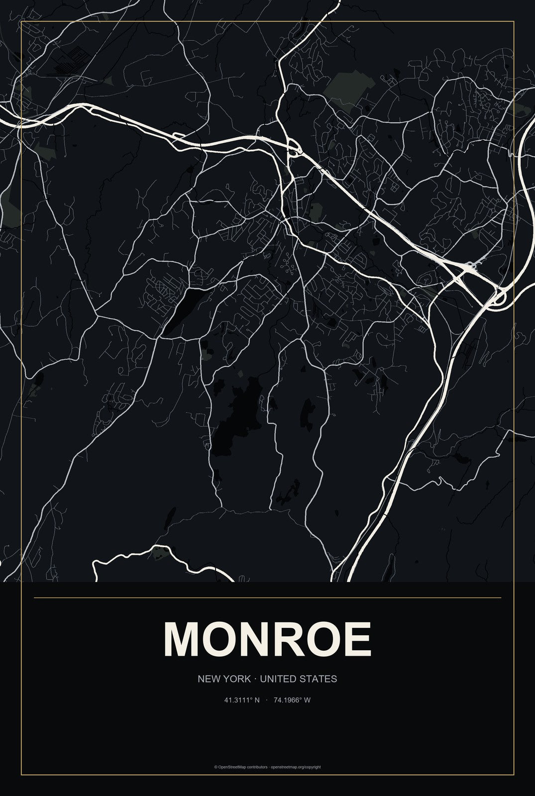 Monroe, New York City Map Aluminum Sign in Metropolitan Noir style
