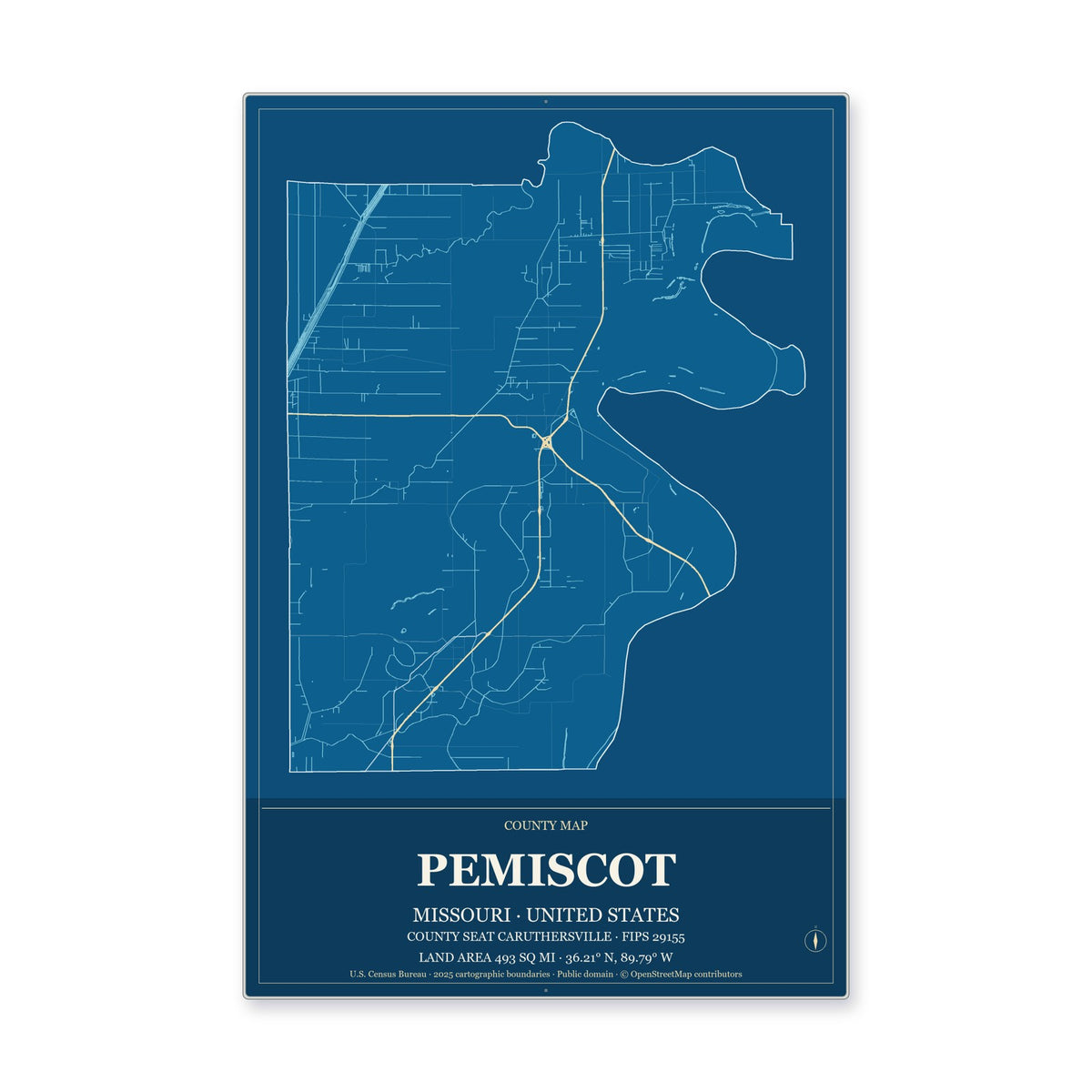 Pemiscot County, Missouri Map Aluminum Sign in Harbor Cobalt style