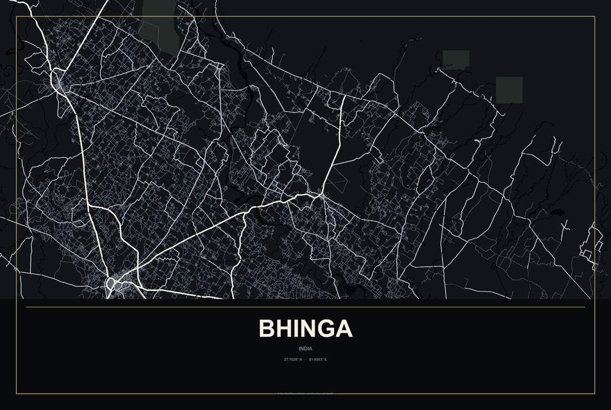 Bhinga, India City Map Aluminum Sign in Metropolitan Noir style