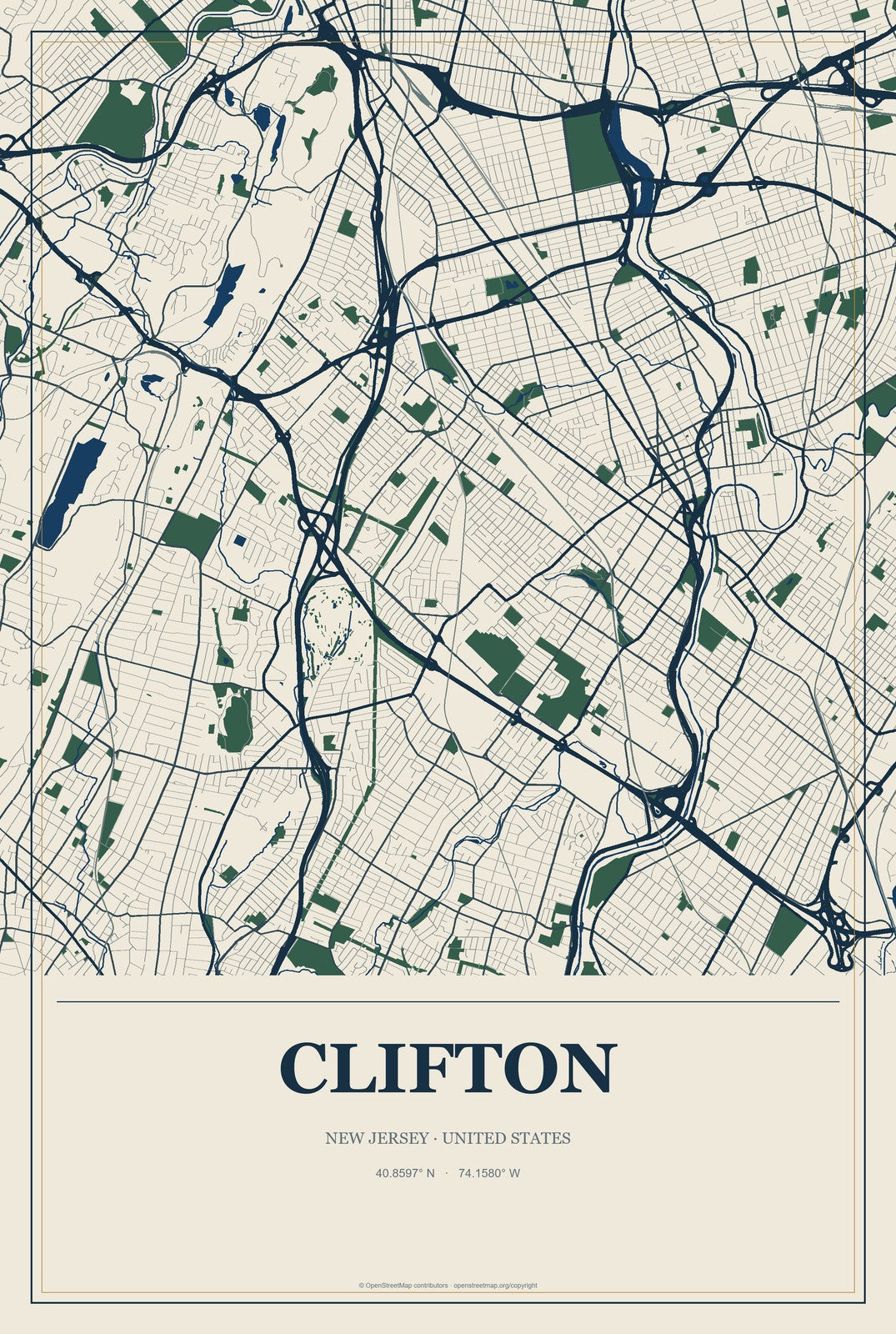 Clifton, New Jersey City Map Aluminum Sign in Coastal Cutout style