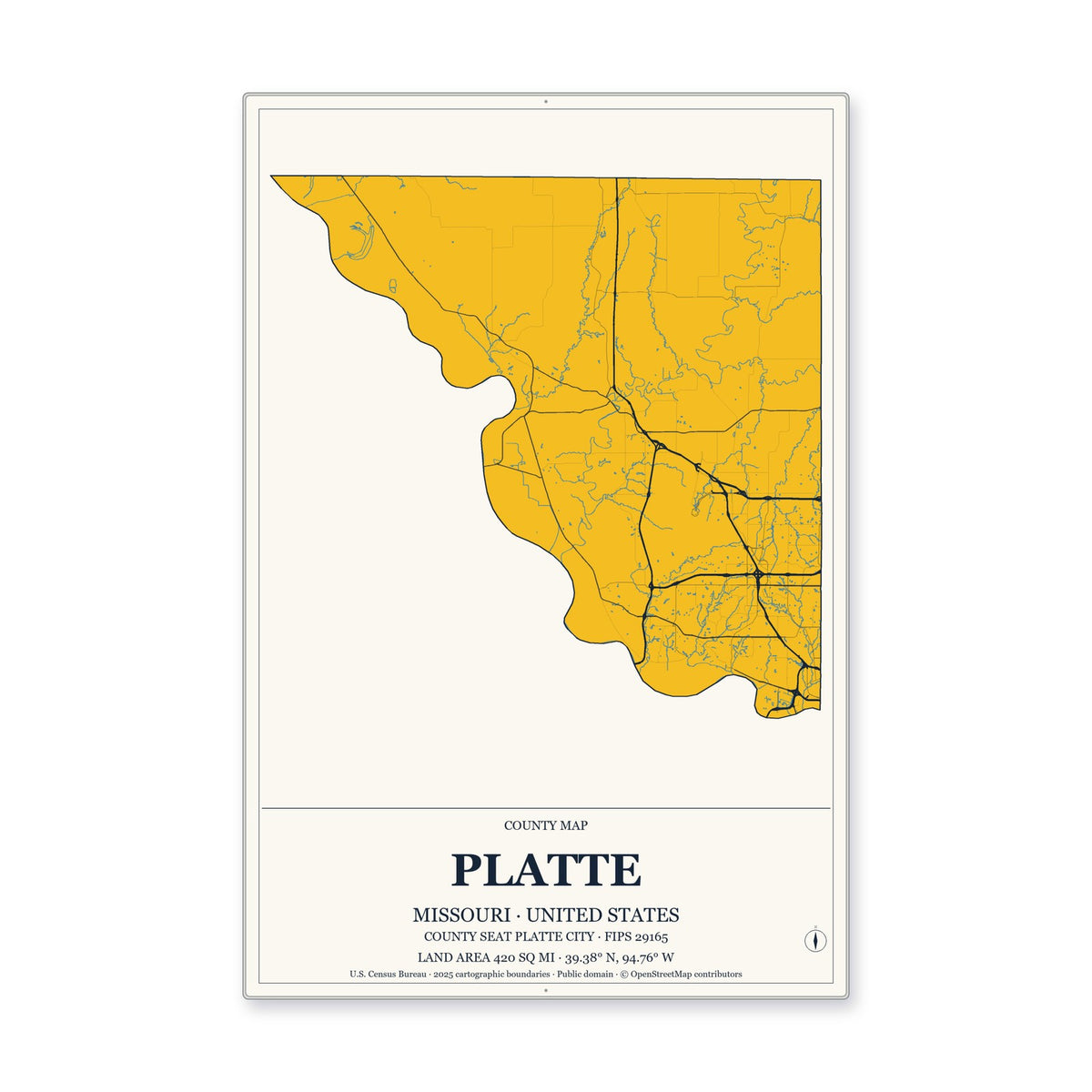 Platte County, Missouri Map Aluminum Sign in Citrine Modern style