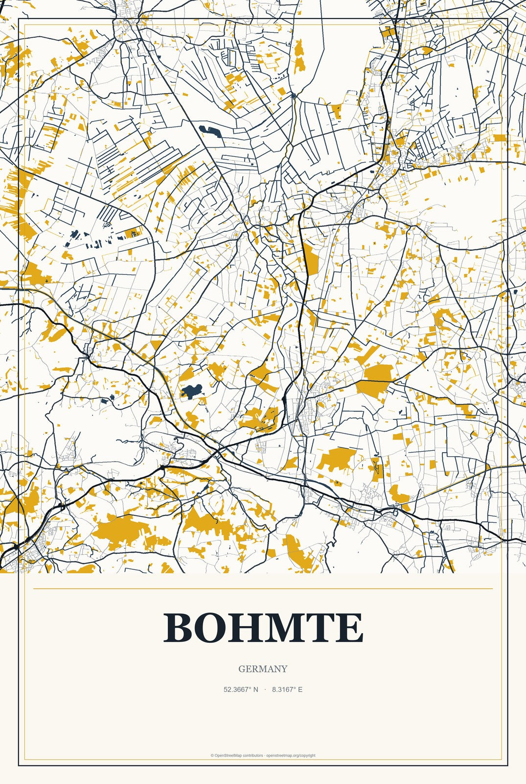 Bohmte, Germany City Map Aluminum Sign in Citrine Modern style