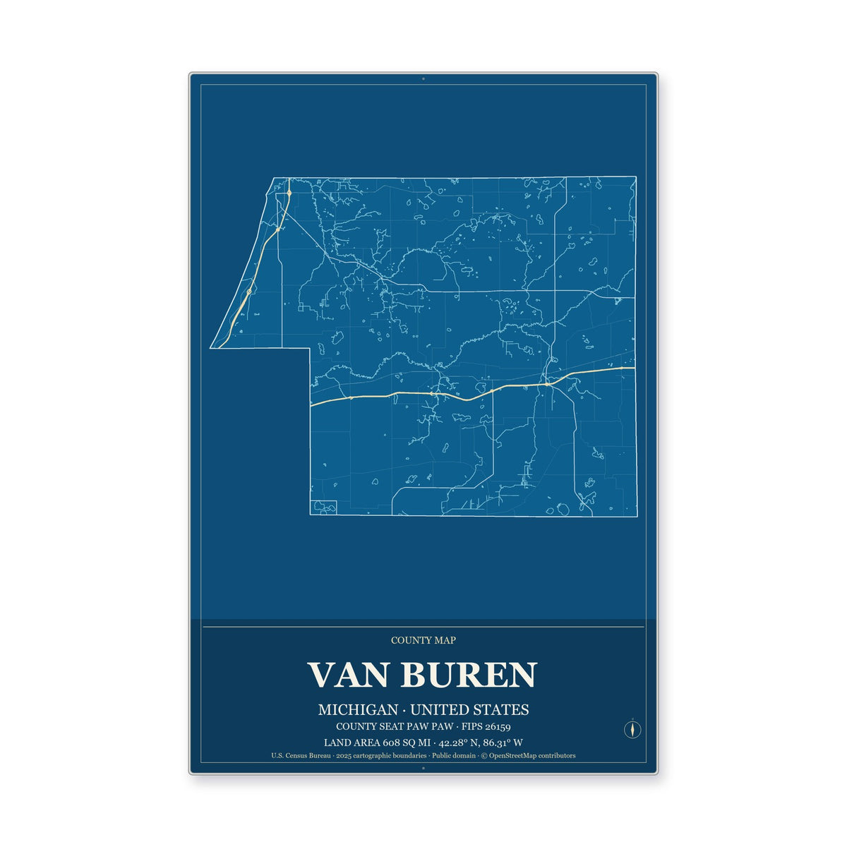 Van Buren County, Michigan Map Aluminum Sign in Harbor Cobalt style