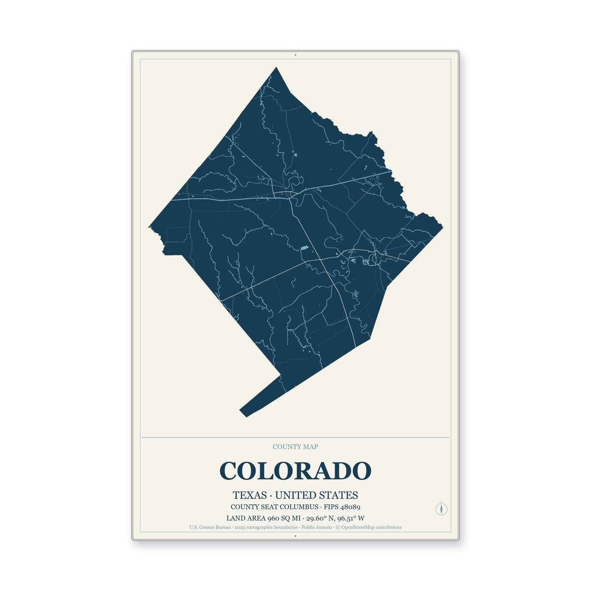 Colorado County, Texas Map Aluminum Sign in Coastal Cutout style