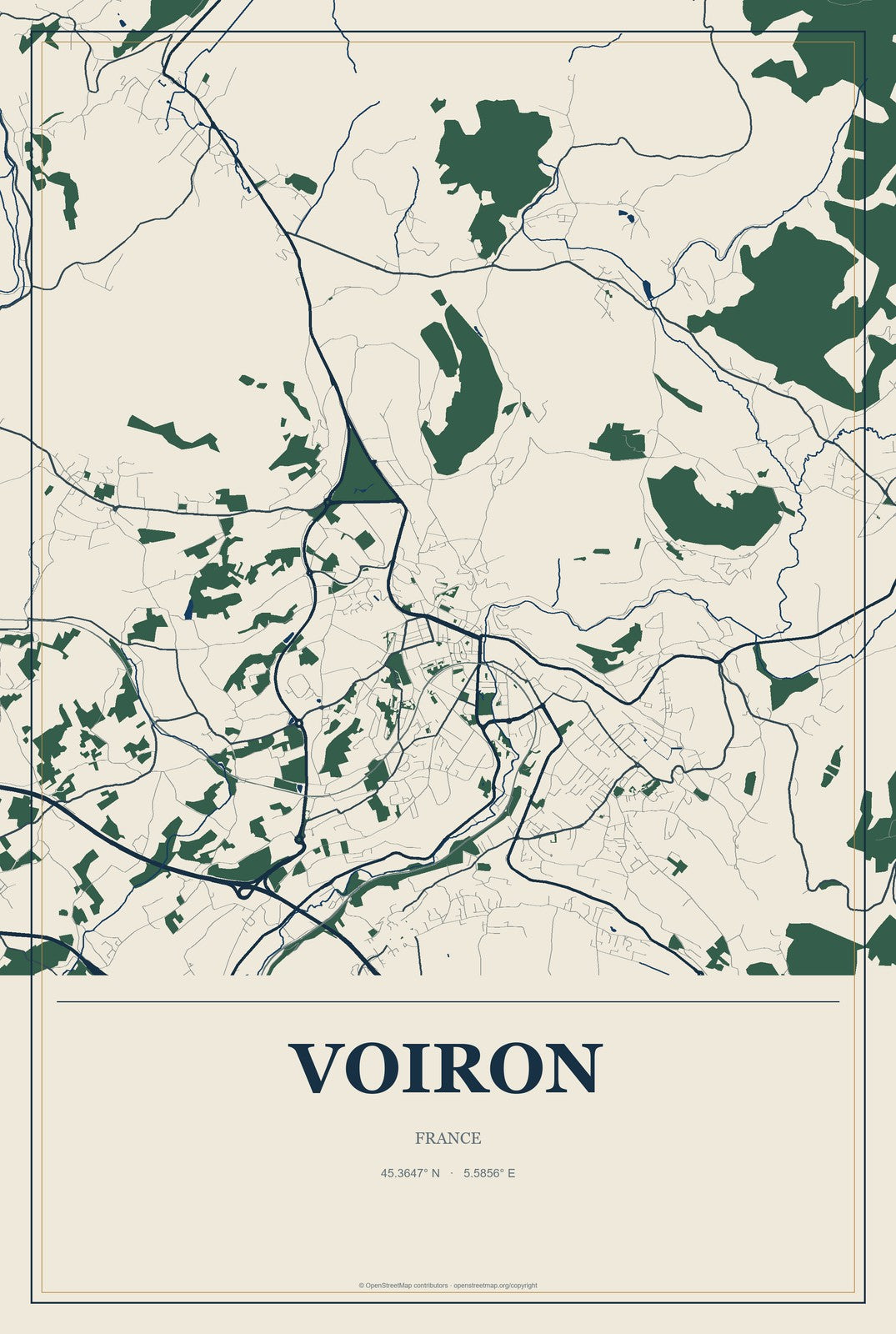 Voiron, France City Map Aluminum Sign in Coastal Cutout style