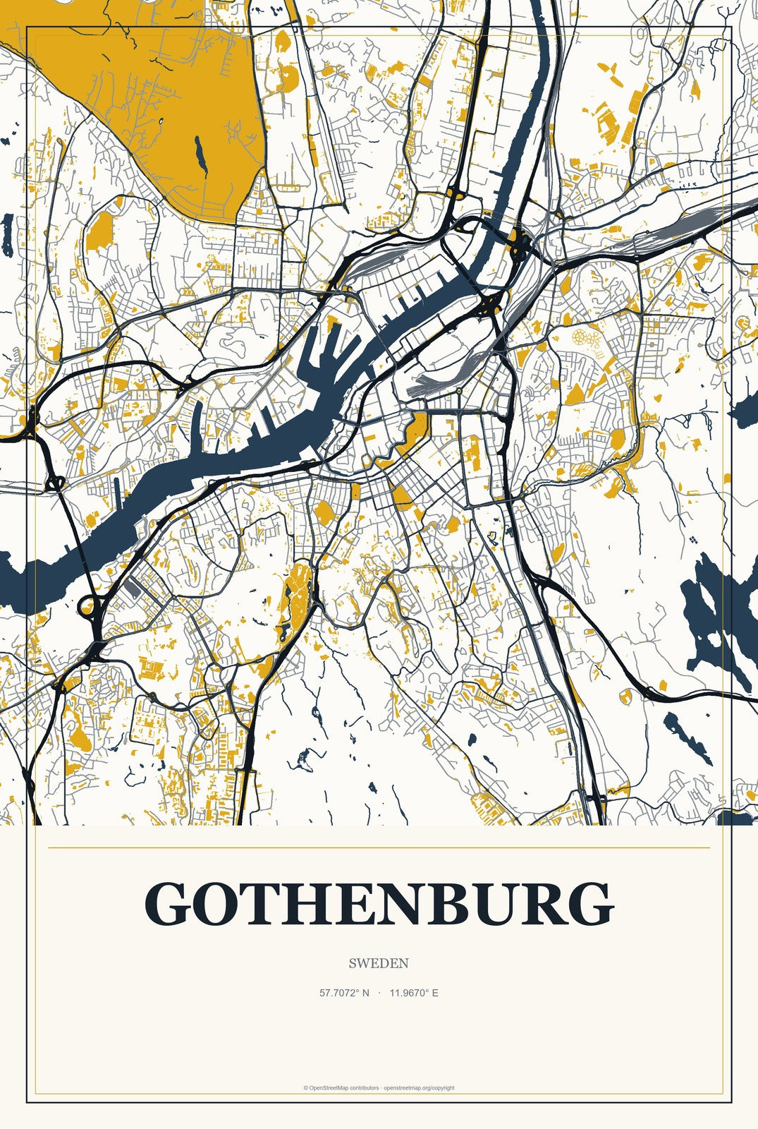 Gothenburg, Sweden City Map Aluminum Sign in Citrine Modern style