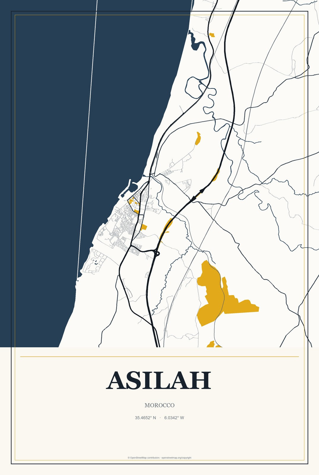 Asilah, Morocco City Map Aluminum Sign in Citrine Modern style
