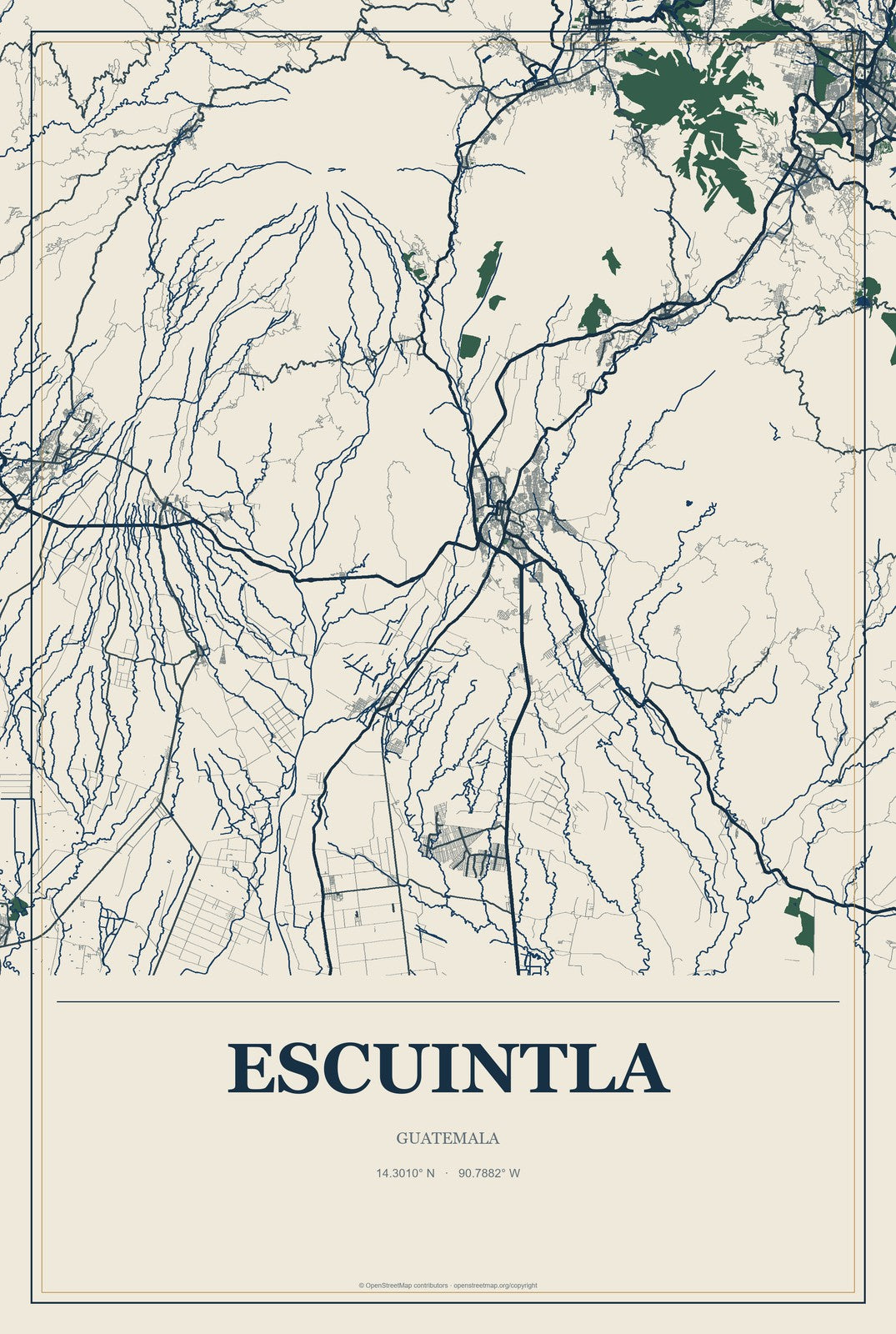 Escuintla, Guatemala City Map Aluminum Sign in Coastal Cutout style
