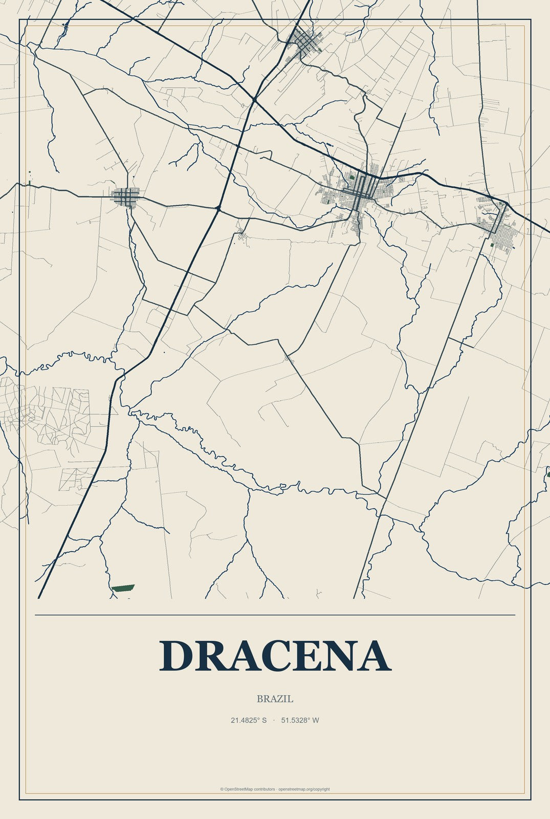 Dracena, Brazil City Map Aluminum Sign in Coastal Cutout style