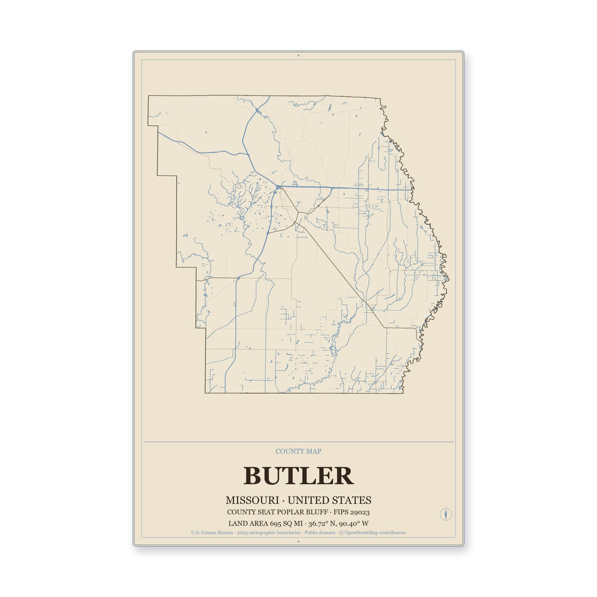 Butler County, Missouri Map Aluminum Sign in Heritage Nautical style