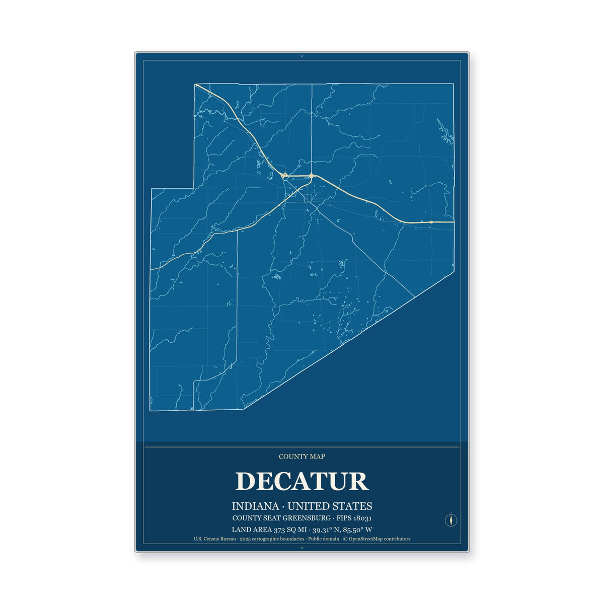 Decatur County, Indiana Map Aluminum Sign in Harbor Cobalt style