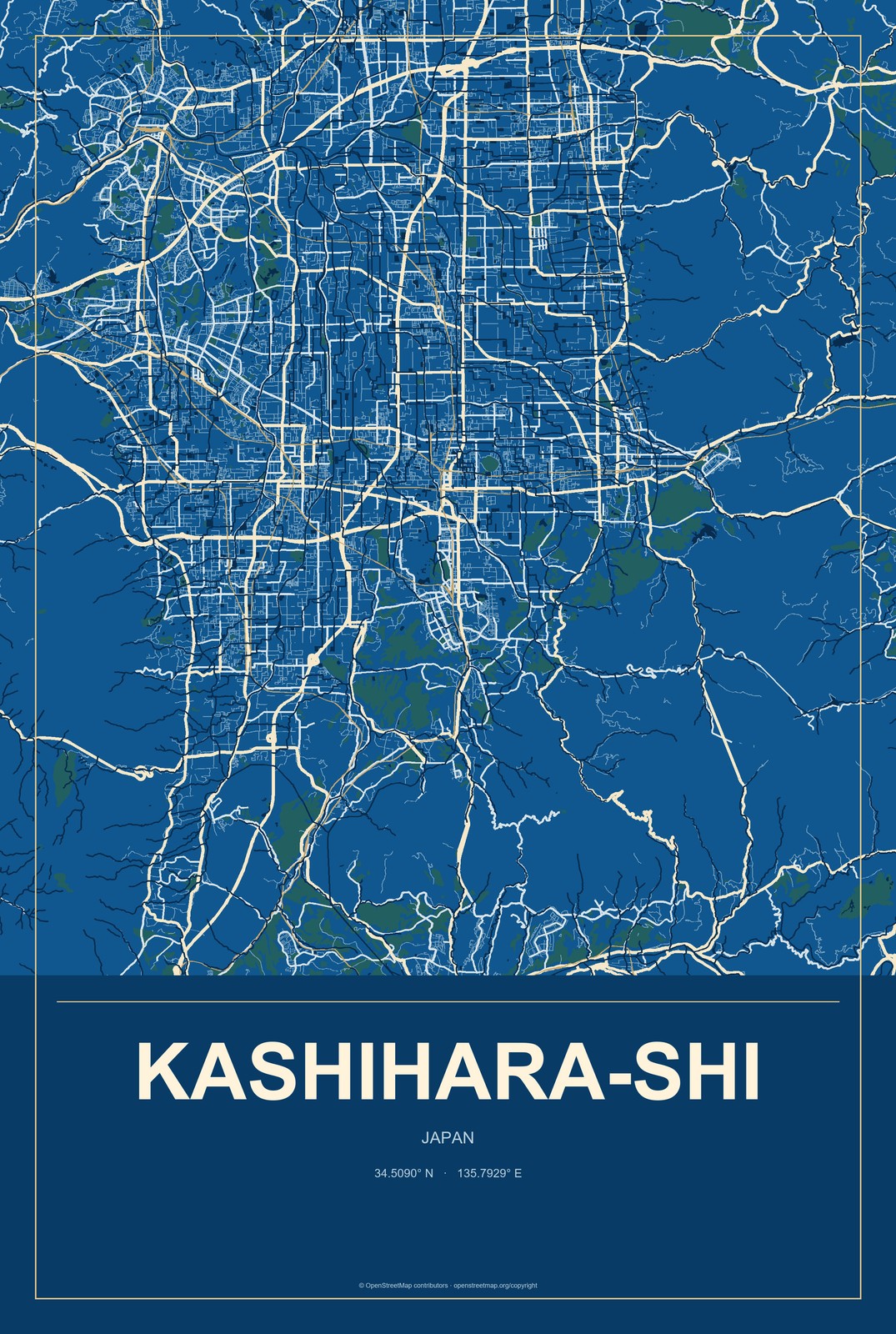 Kashihara-shi, Japan City Map Aluminum Sign in Harbor Cobalt style
