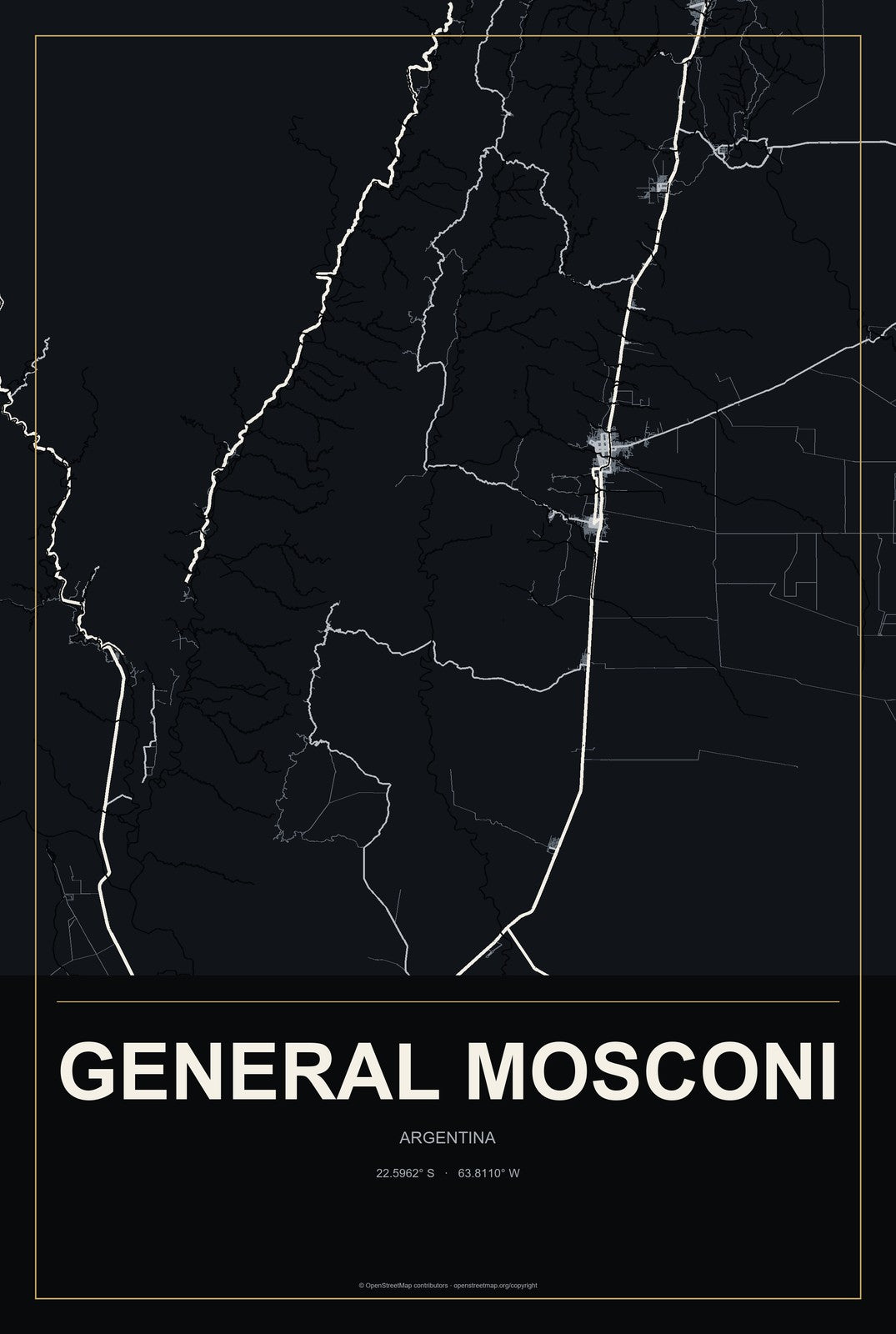 General Mosconi, Argentina City Map Aluminum Sign in Metropolitan Noir style