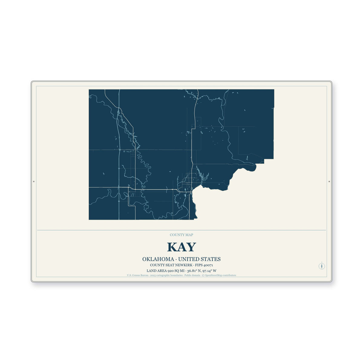 Kay County, Oklahoma Map Aluminum Sign in Coastal Cutout style