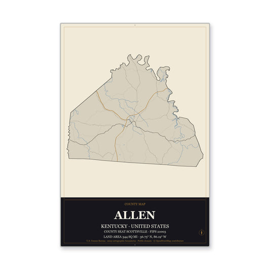 Allen County, Kentucky Map Aluminum Sign in Museum Plaque style