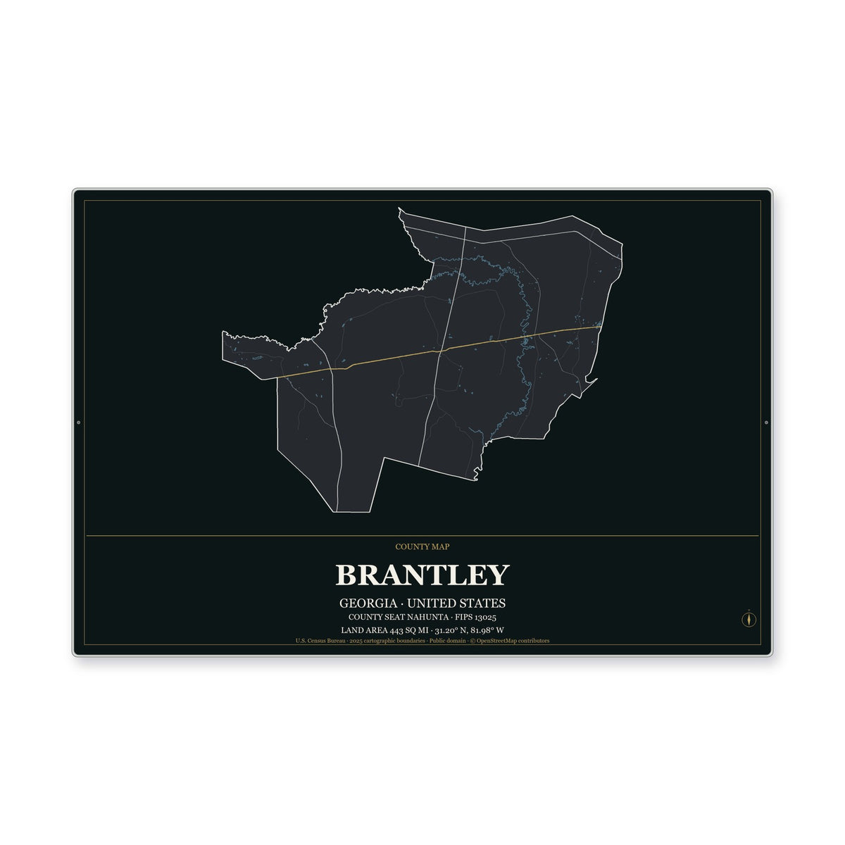 Brantley County, Georgia Map Aluminum Sign in Metropolitan Noir style