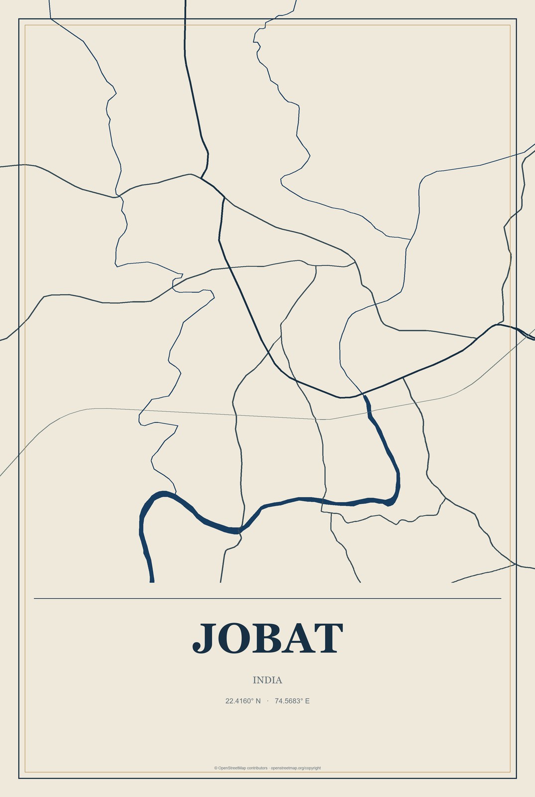 Jobat, India City Map Aluminum Sign in Coastal Cutout style