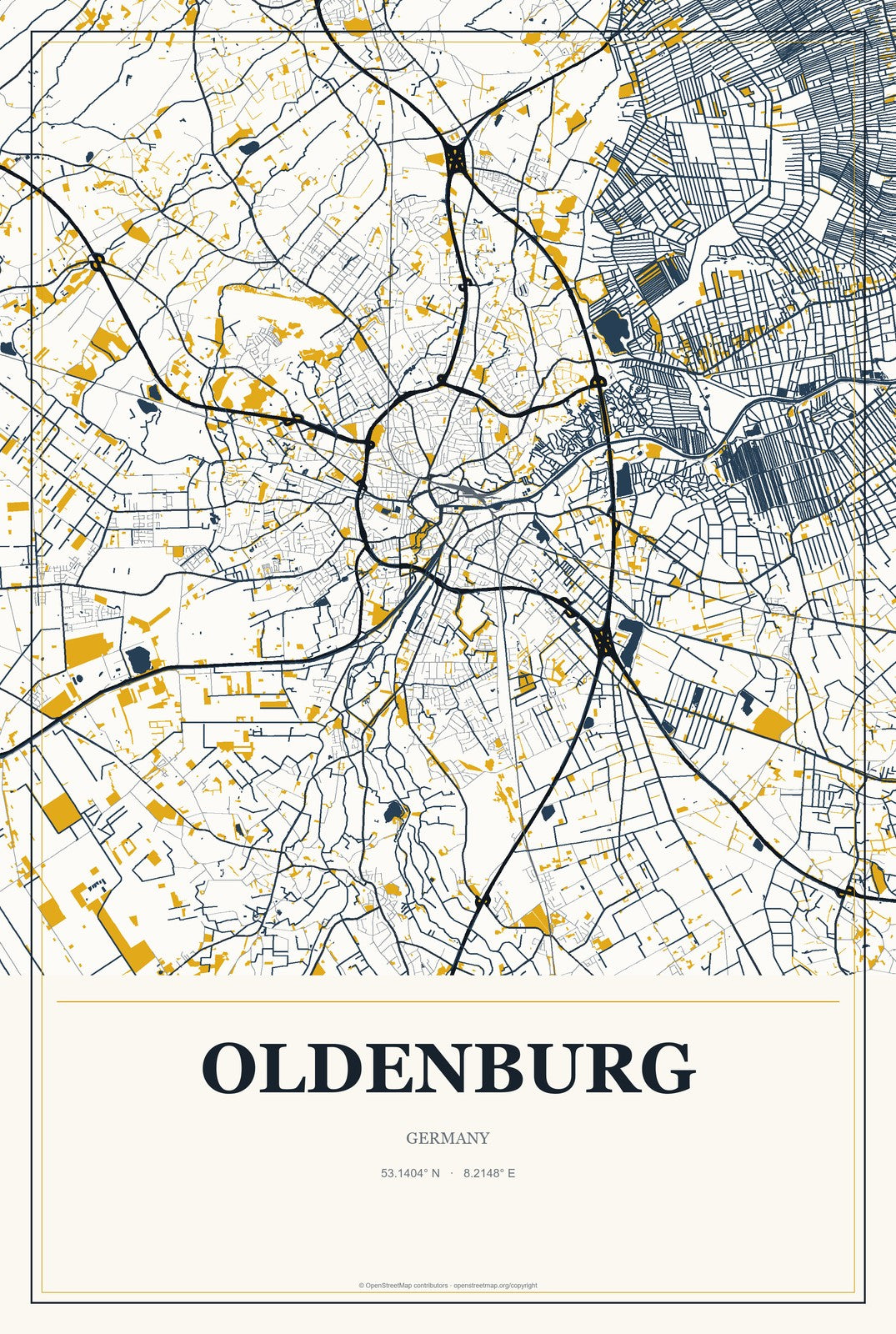 Oldenburg, Germany City Map Aluminum Sign in Citrine Modern style