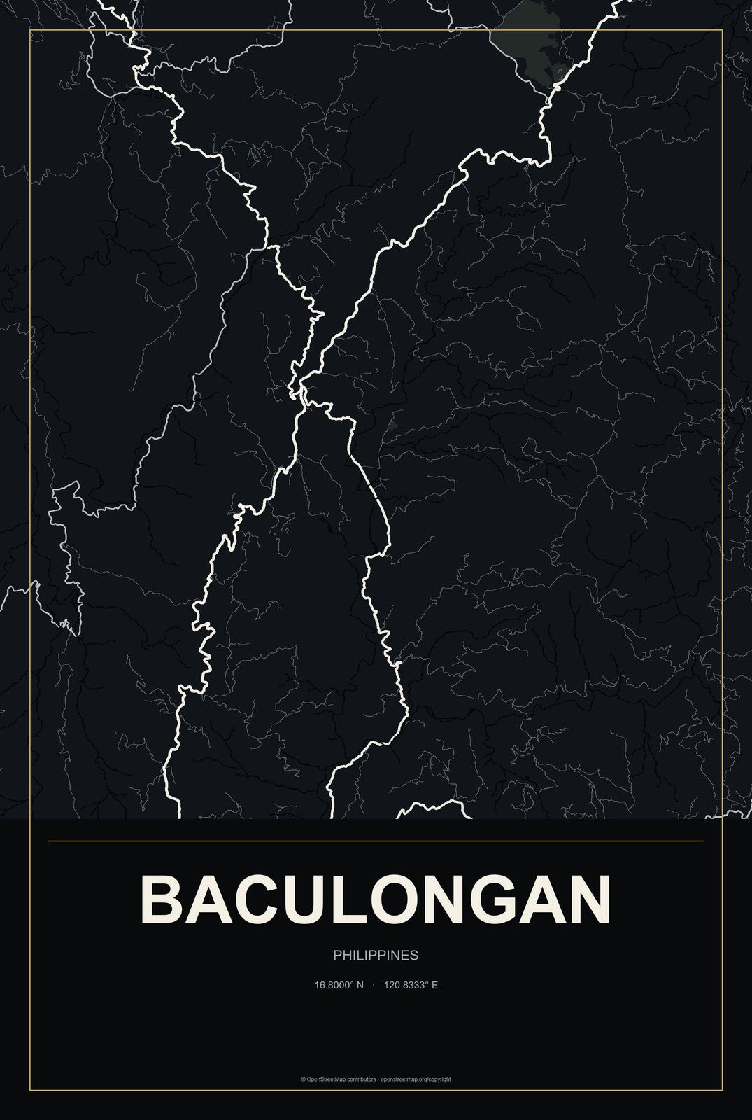 Baculongan, Philippines City Map Aluminum Sign in Metropolitan Noir style