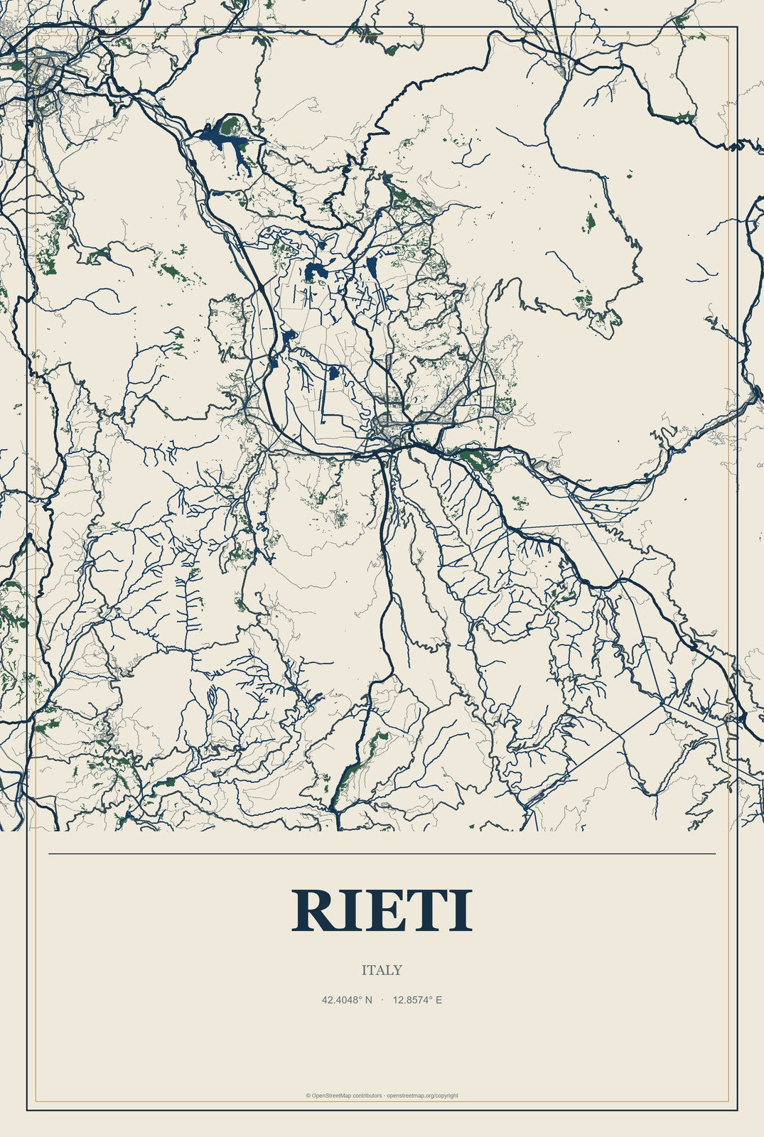 Rieti, Italy City Map Aluminum Sign in Coastal Cutout style