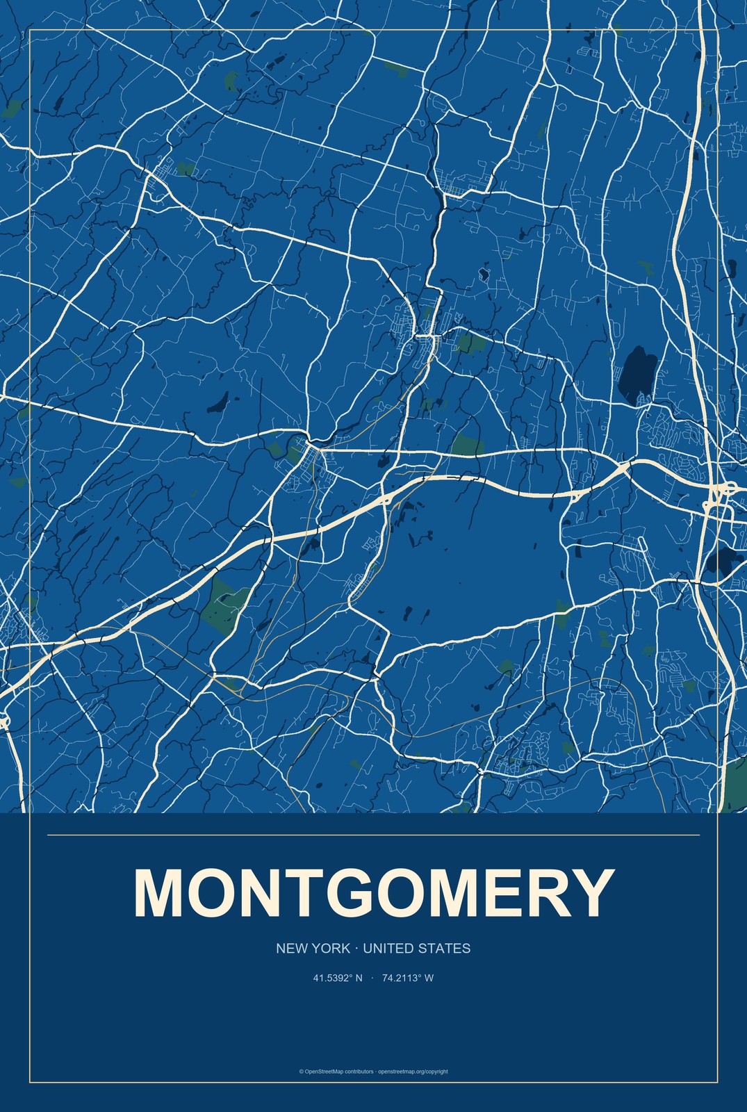 Montgomery, New York City Map Aluminum Sign in Harbor Cobalt style