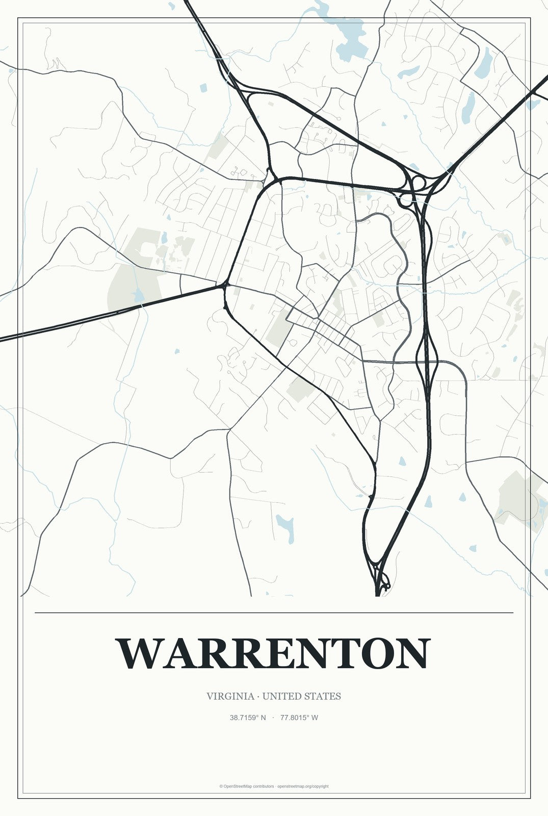 Warrenton, Virginia City Map Aluminum Sign in Gallery Air style