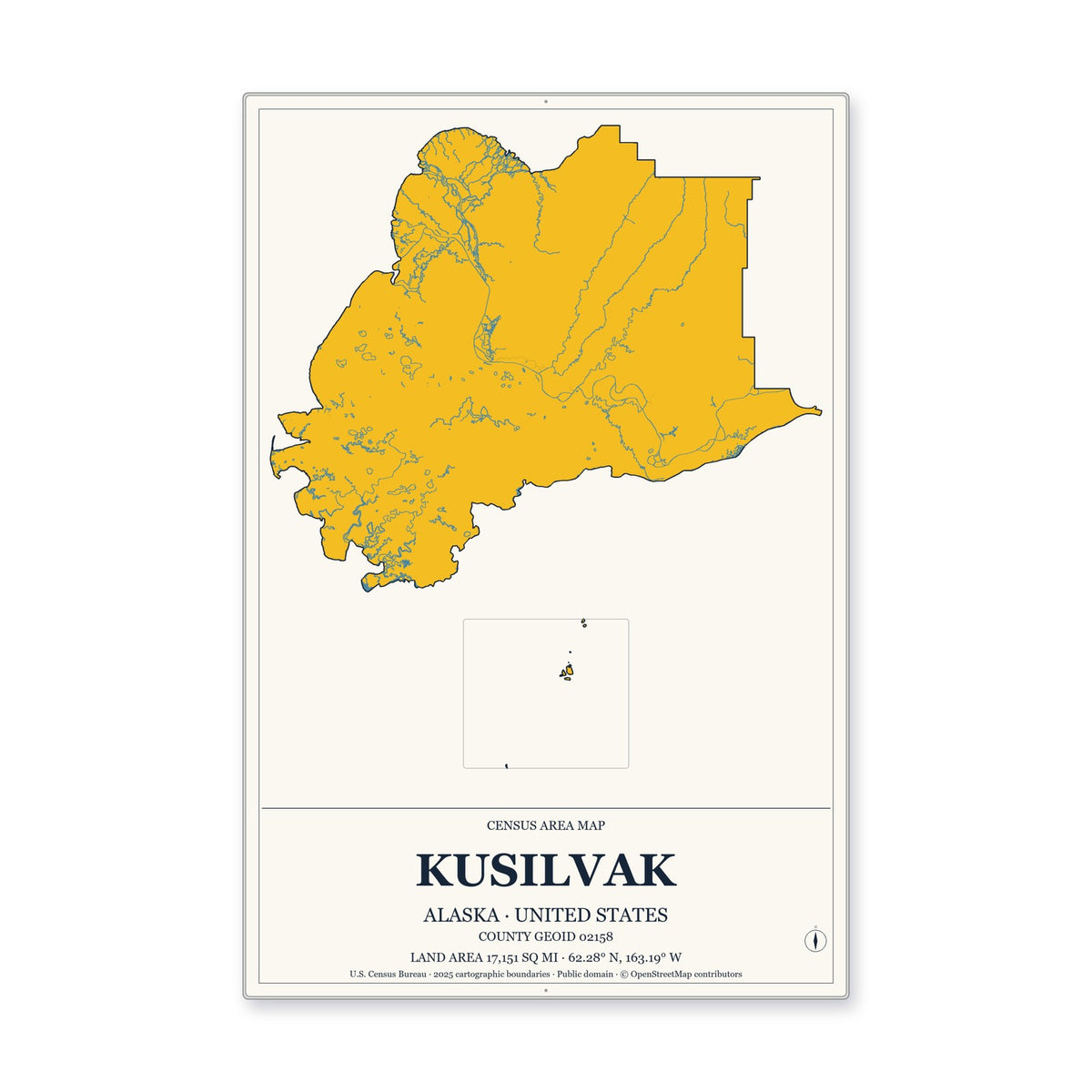 Kusilvak Census Area, Alaska Map Aluminum Sign in Citrine Modern style