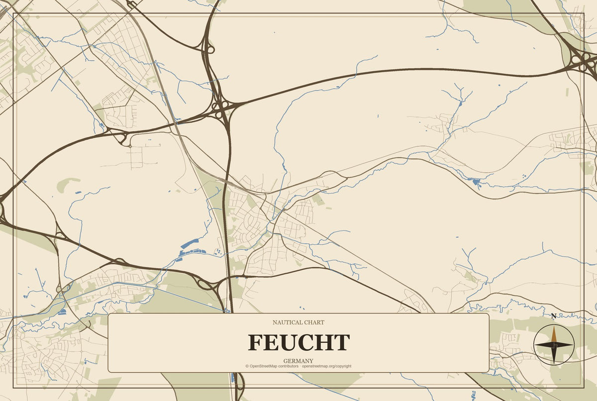 Feucht, Germany City Map Aluminum Sign in Heritage Nautical style