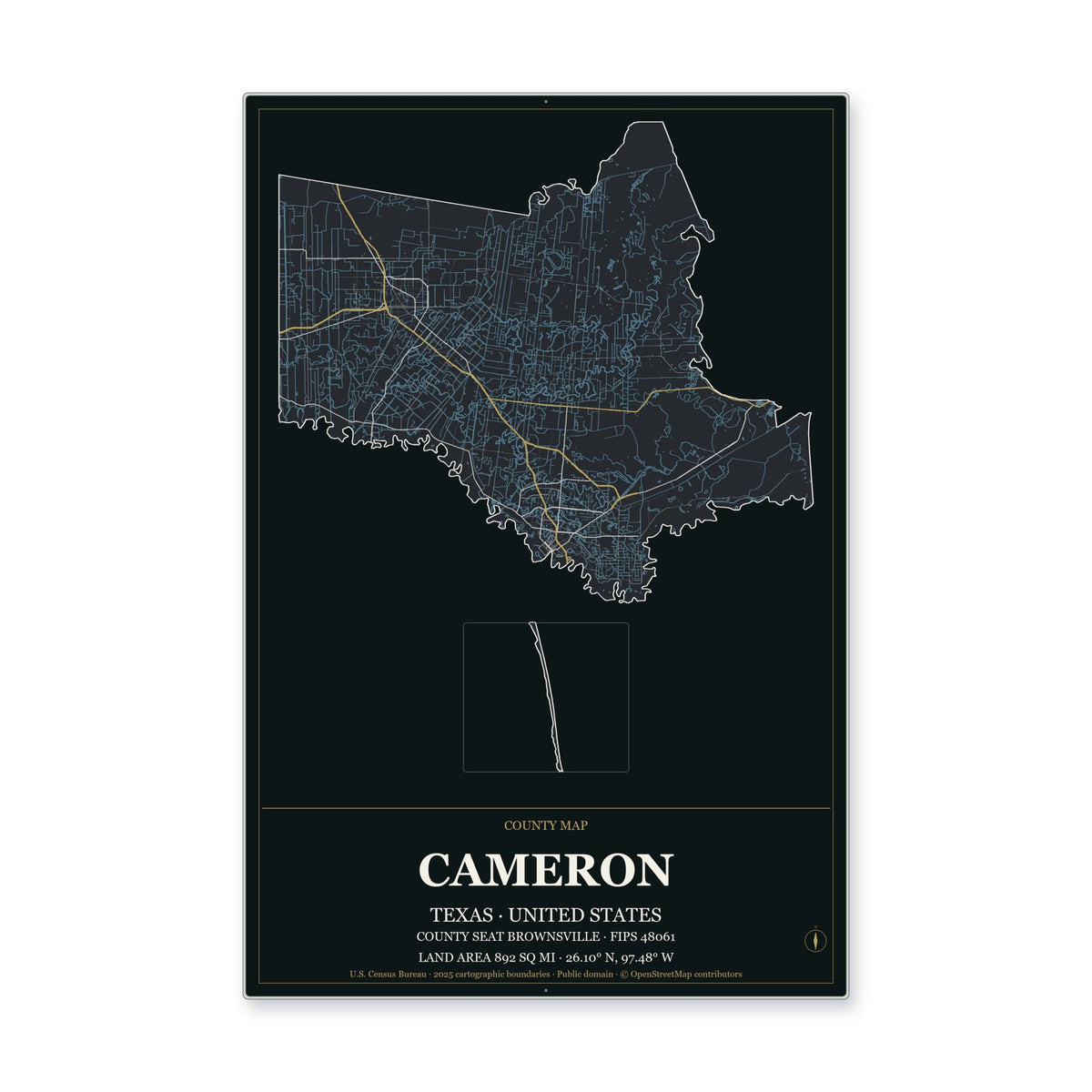 Cameron County, Texas Map Aluminum Sign in Metropolitan Noir style