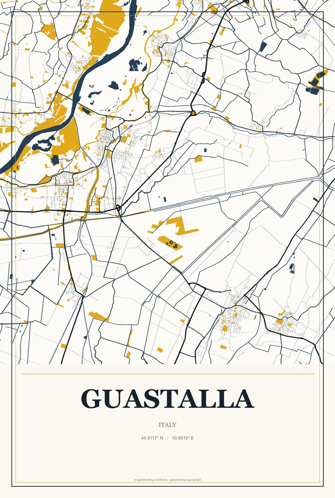 Guastalla, Italy City Map Aluminum Sign in Citrine Modern style