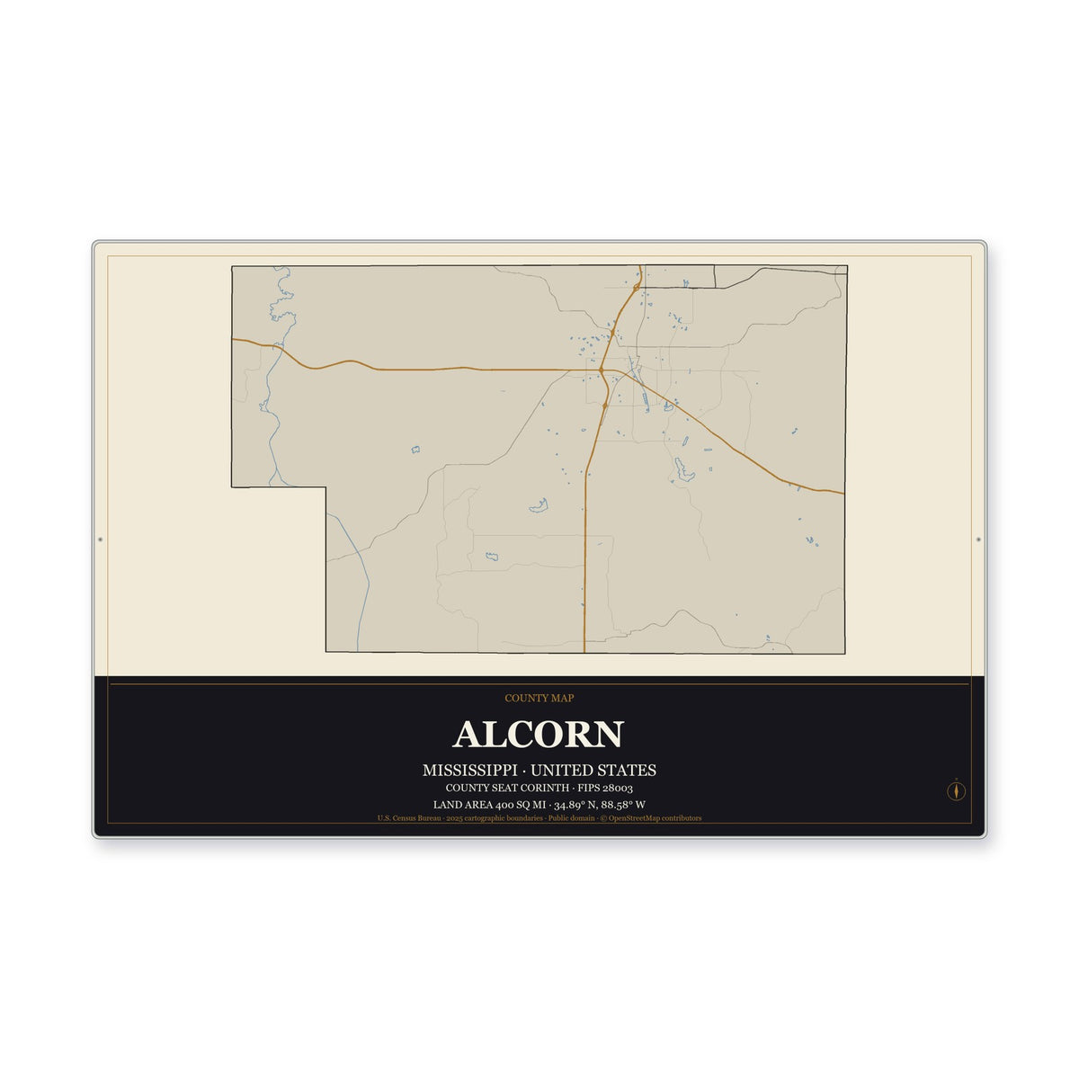 Alcorn County, Mississippi Map Aluminum Sign in Museum Plaque style