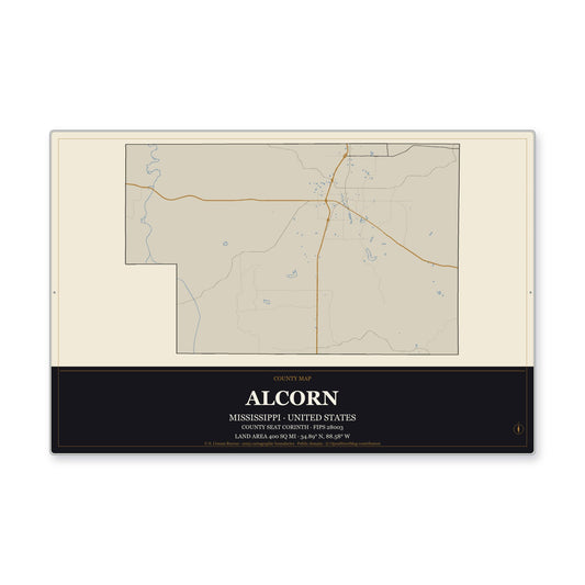 Alcorn County, Mississippi Map Aluminum Sign in Museum Plaque style